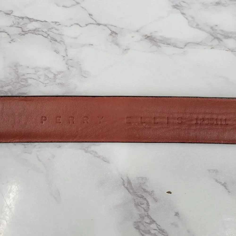 Perry Ellis Men's Black Leather Belt with Gold Buckle